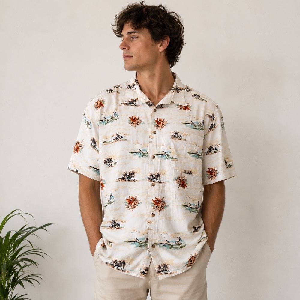 Crossings‎ Hawaiian Shirt Tropical Island Print Cream Large Short Sleeve Beach